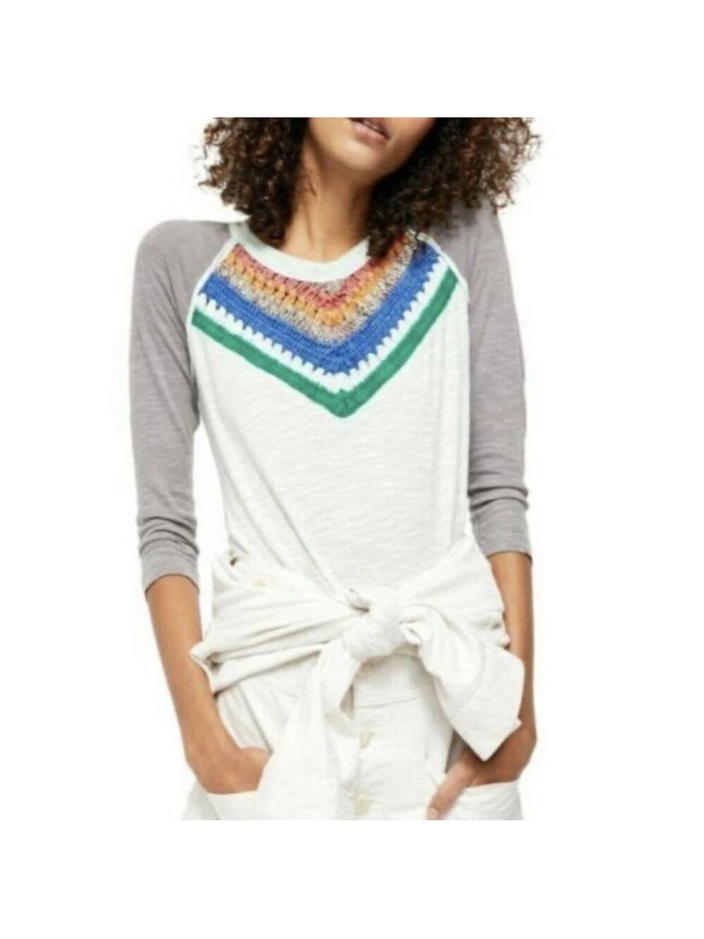 Free People Spring Bound rainbow crochet knit detail elbow sleeve shirt top